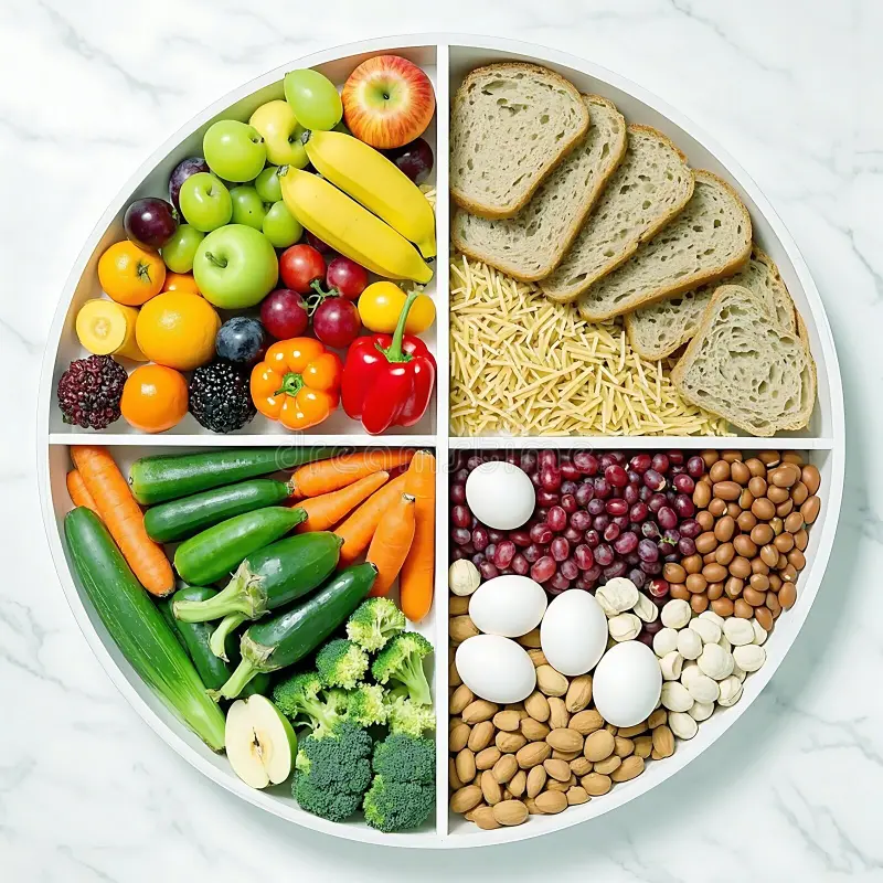 Flat lay of grains, legumes, herbs, and vegetables sorted by meal role